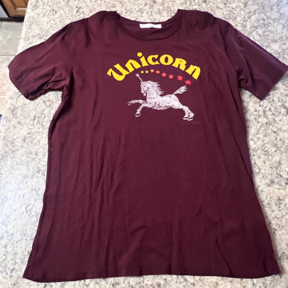 Urban Outfitters Maroon 'Unicorn' Graphic Tee with Yellow and White Print